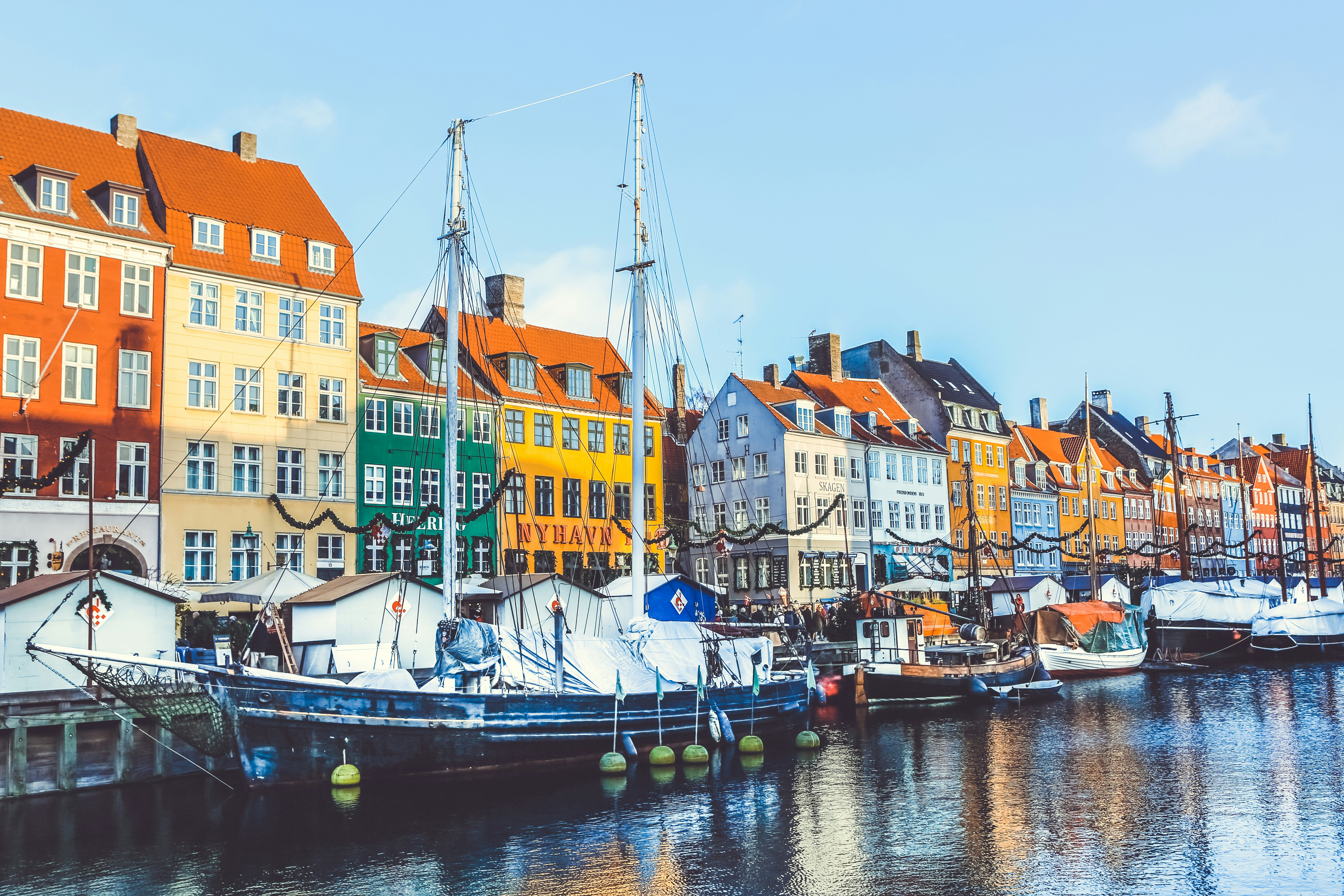 Colourful houses and boats along Nyhavn canal, Copenhagen