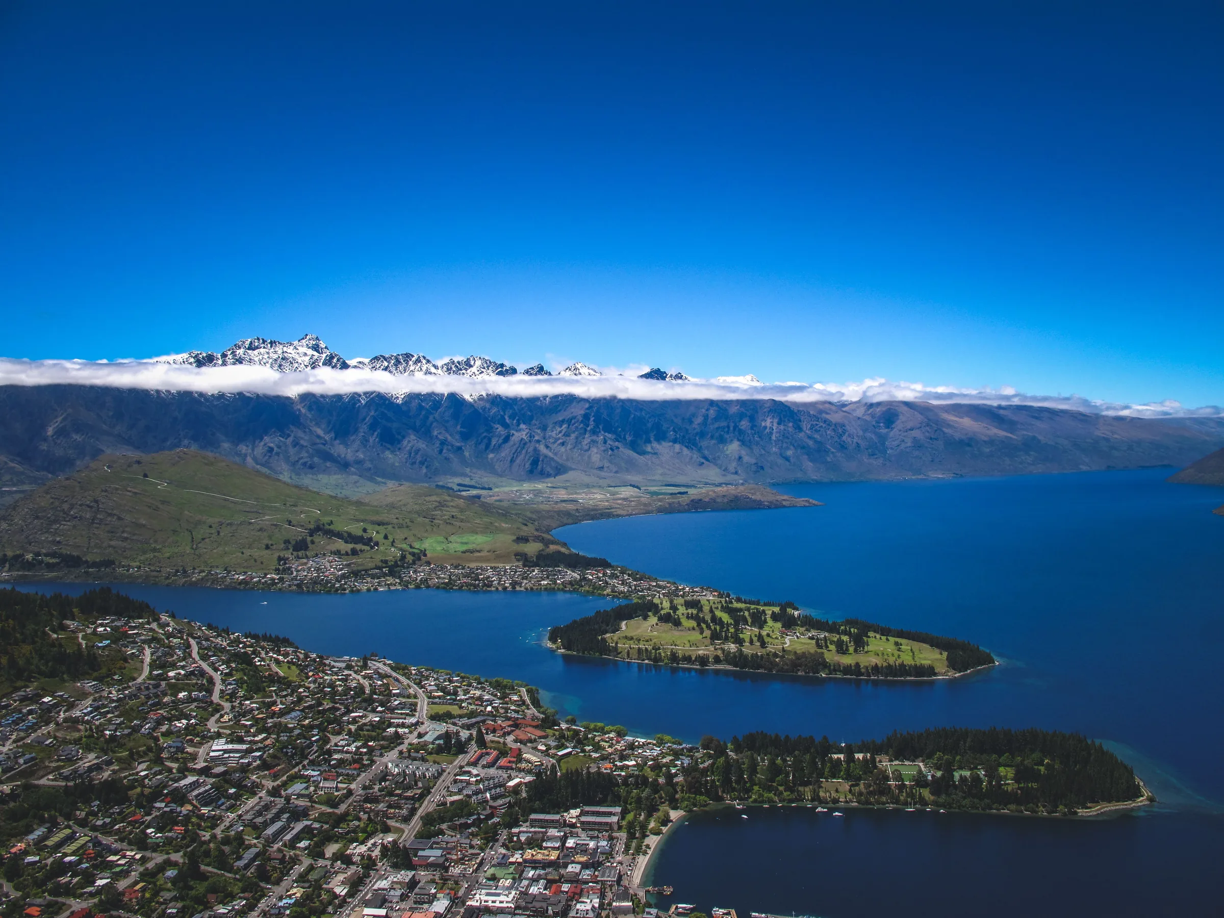 Aerial view of Queenstown and Lake Wakatipu, New Zealand