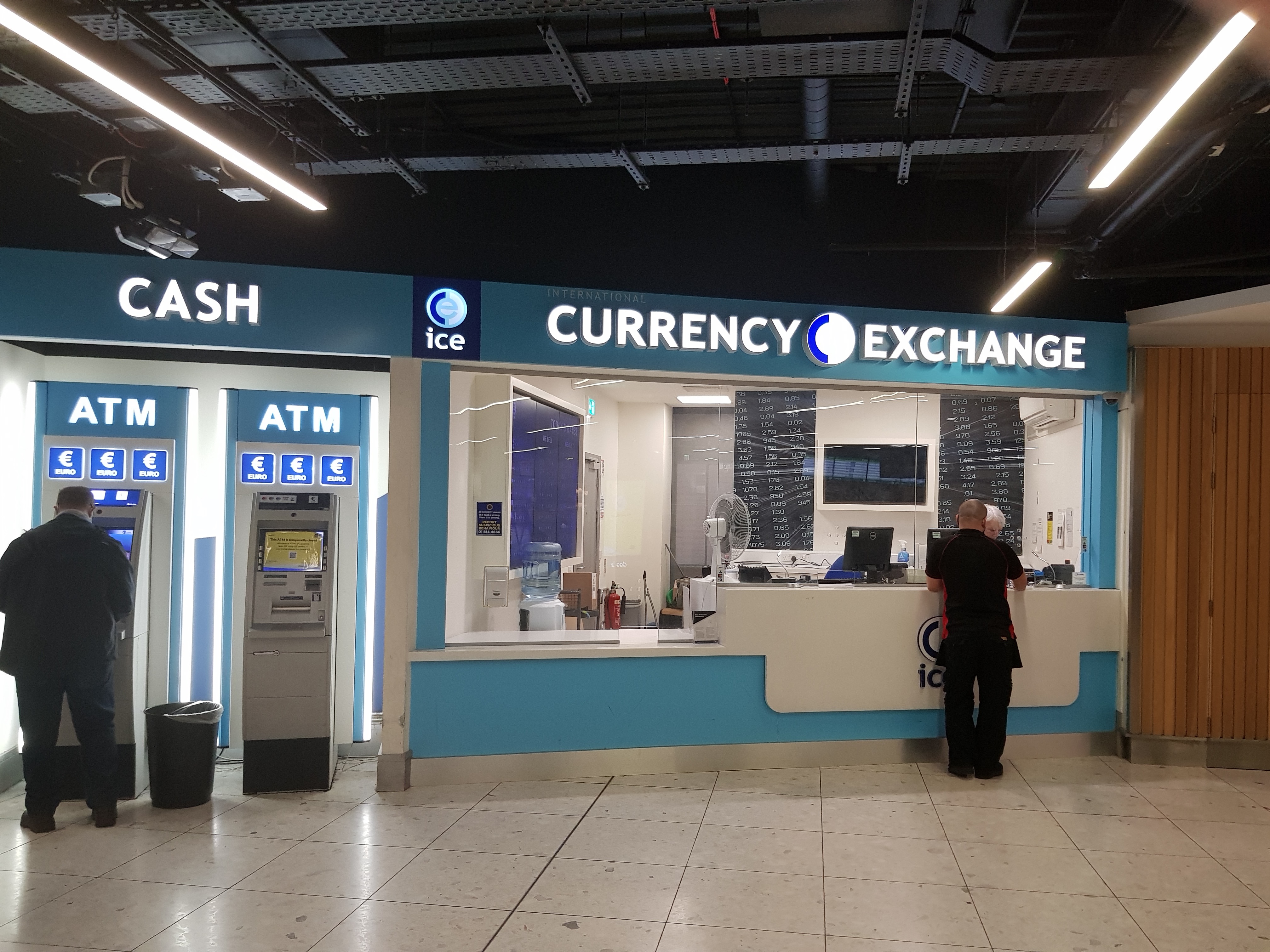ICE Currency Exchange counter in Dublin Airport Terminal 1 Arrivals area.